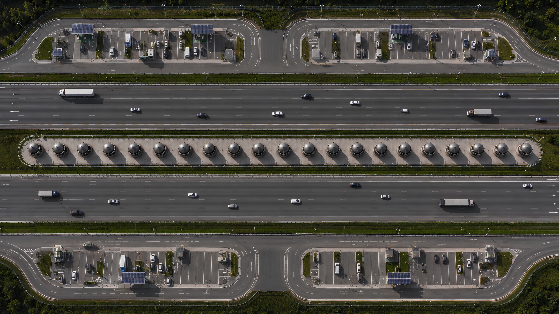 Aerial top-down view of a highway with the wind energy system along the central median and service areas on both sides